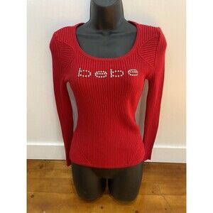 Bebe SIZE SMALL Knit Sweater Womens RED Rhinestone Crystal Y2K Long Sleeve